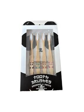 Soft Bristle ToothBrush Set 4pc Kawaii Cute Wooden Panda Bamboo Toothbrushes NEW